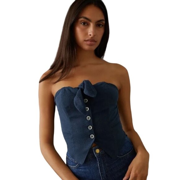 Anthropologie Tops - NWT Anthropologie XL Maeve Strapless Tube Top Tie Front Cropped Vest Denim Blue